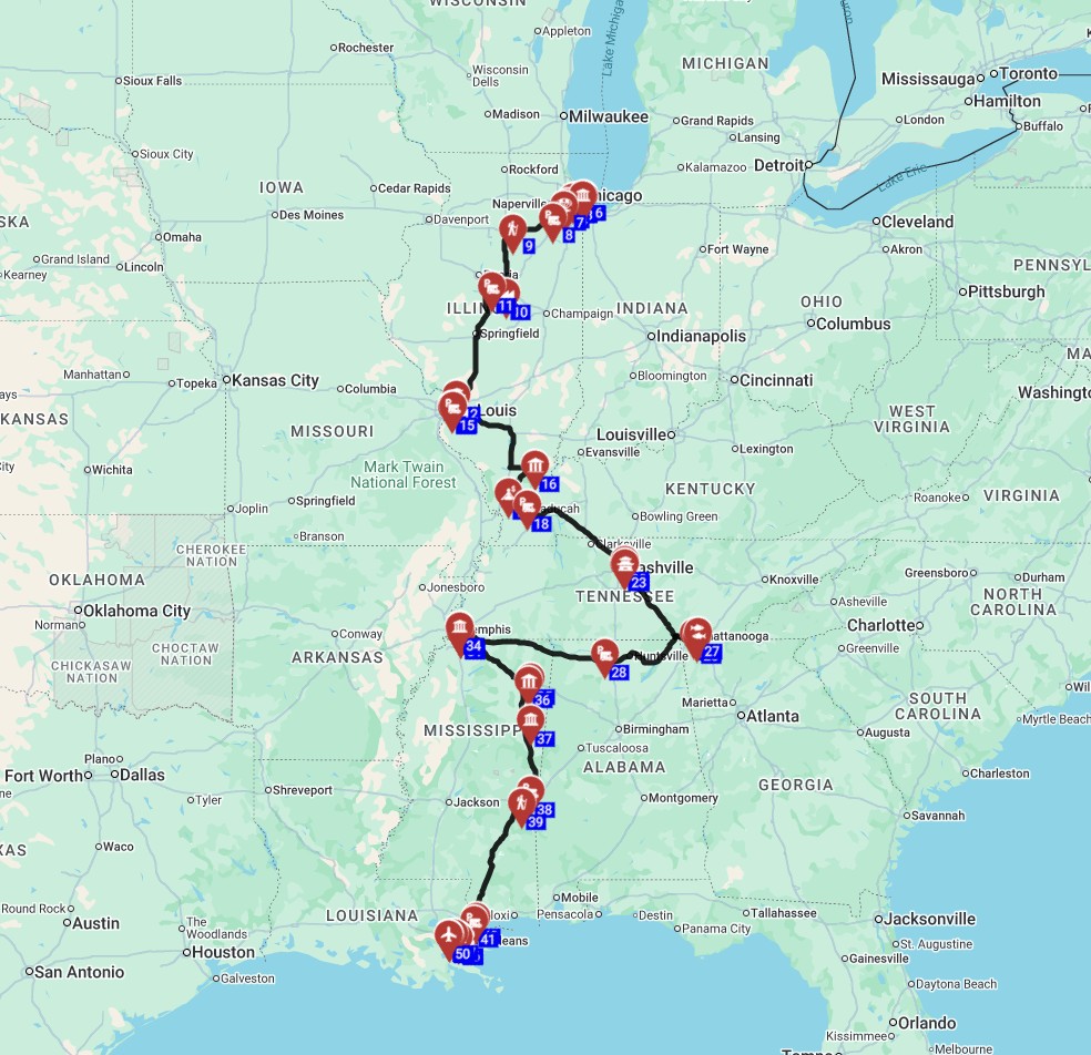 Chicago to New Orleans - USA RV trip planner following the Blues Highway,